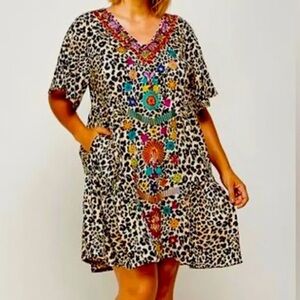 Leopard Print knee length Dress with Colorful Embroidery S